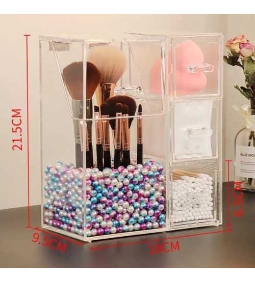 Acrylic  Makeup Brush Holder Organizer With 2 Brush Holders And 3 Drawers Dustproof Box With Free Beige Pearl